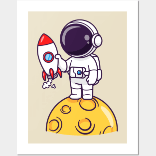 Cute Astronaut Holding Rocket On Moon Cartoon Posters and Art